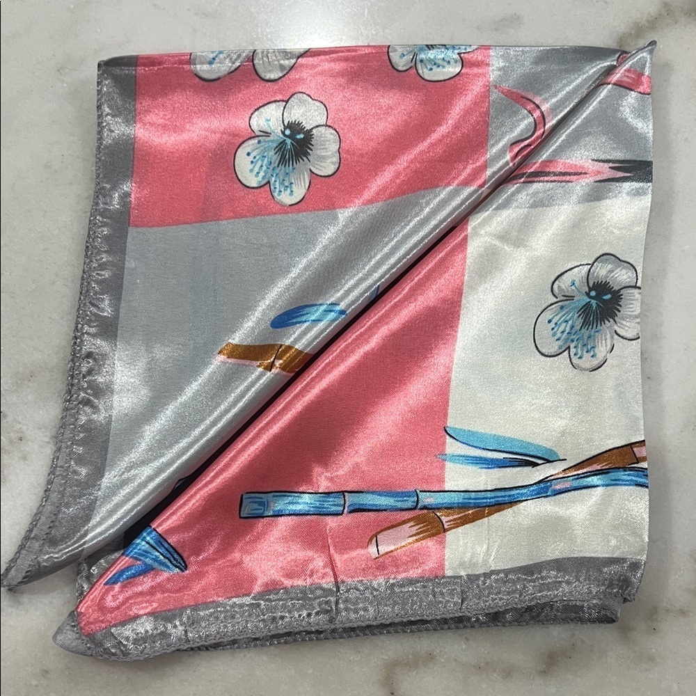 Floral Satin Scarf in Pink and Gray